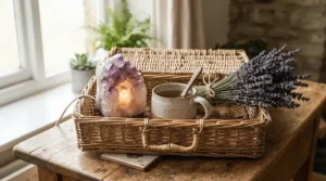 A relaxation and wellness Himalayan salt lamp gift set hamper including botanical bath salts and tea