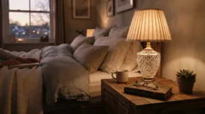 Himalayan salt lamps under £25 styled as a warm bedside nightlight on a wooden bedside table