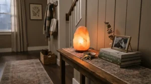 Himalayan salt lamps under £25 welcoming guests on a hallway console table