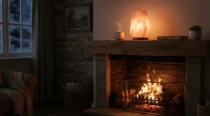 Himalayan salt lamps under £25 adding ambience to a cosy British living room fireplace mantel