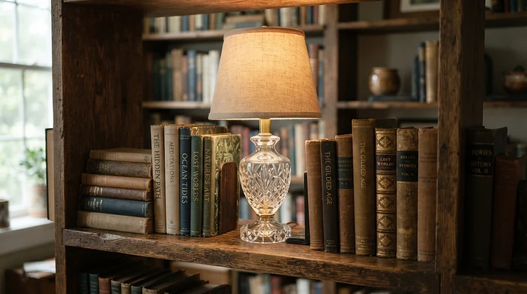 Himalayan salt lamps under £25 arranged neatly on a wooden bookshelf display