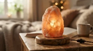 Himalayan salt lamps under £25 featuring a sturdy wooden base in a modern living room setting