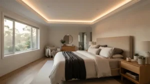 LED strip lights under £20 fitted inside a bedroom ceiling cove for soft indirect mood lighting