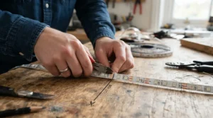LED strip lights under £20 being carefully measured and cut to size for a bespoke bookshelf