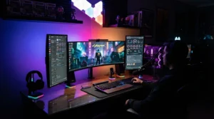 LED strip lights under £20 providing vibrant colour changing backlighting for a computer gaming desk