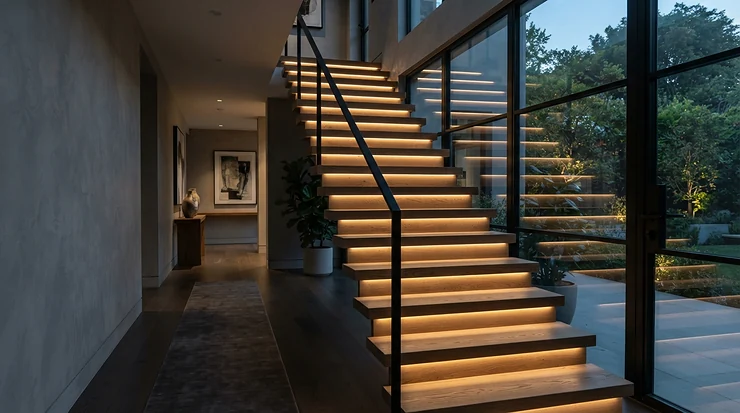 LED strip lights under £20 running along a hallway staircase to provide stylish low-level accent lighting