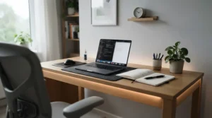 LED strip lights under £20 installed along the underside of a home office desk for modern workspace lighting