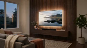 LED strip lights under £20 attached to the back of a flat-screen TV on a living room media wall