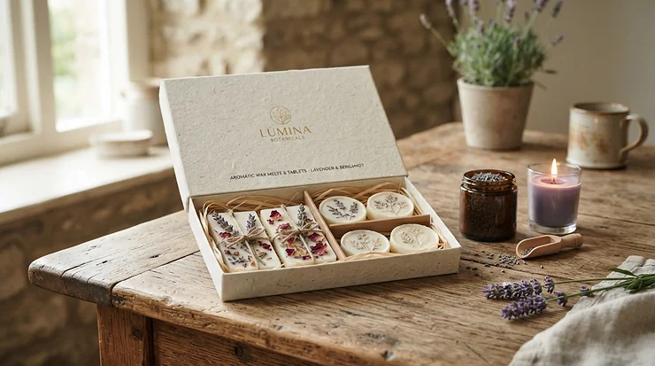 A beautifully wrapped luxury candle gift sets box on a wooden table ready for occasion gifting