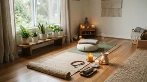 Mindfulness routine enhanced by calming candle gift sets during yoga practice