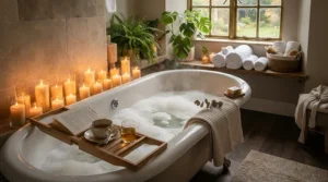 A soothing self-care evening featuring candle gift sets arranged by a bathtub