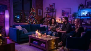 Illustration showing vibrant colour options from smart bulb starter kits during a home gathering