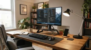 Illustration of daylight tuning features in smart bulb starter kits for a home office desk