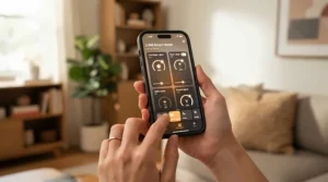 Illustration demonstrating hub-free setup of smart bulb starter kits using a smartphone app