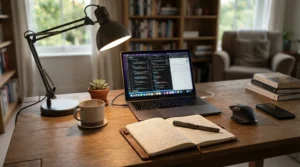 A home office desk lit by dimmable smart bulbs under £20 with an E27 screw base