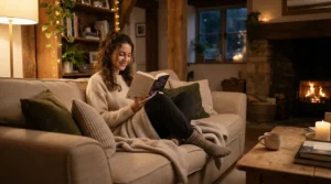 A cosy living room illuminated by smart bulbs under £20 in a standard B22 fitting