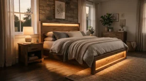Relaxing smart LED strip lights installed behind a bedroom headboard