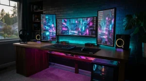 Immersive smart LED strip lights enhancing a desk setup in a gaming room