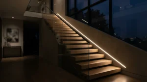Discreet smart LED strip lights lining a hallway staircase for evening navigation