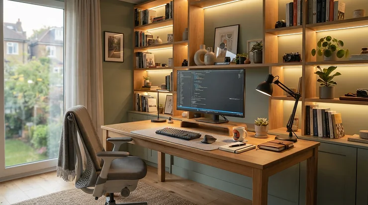 Productive smart LED strip lights highlighting bookshelves in a home office