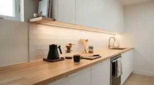 Bright smart LED strip lights fitted as under-counter lighting in a modern kitchen