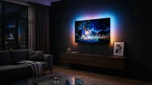 Ambient smart LED strip lights fitted behind a living room television in a modern flat